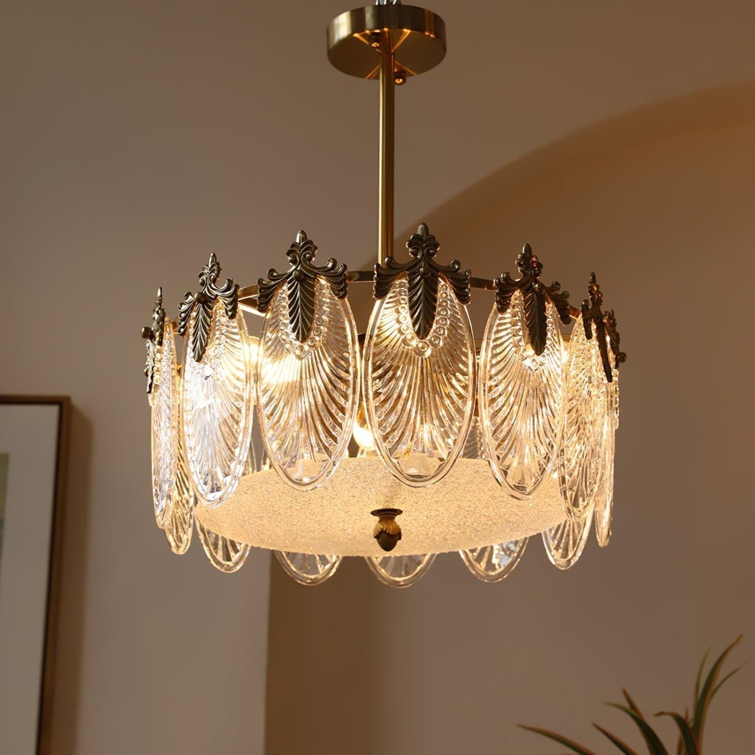 Round Chandelier with Decorative Patterned Glass